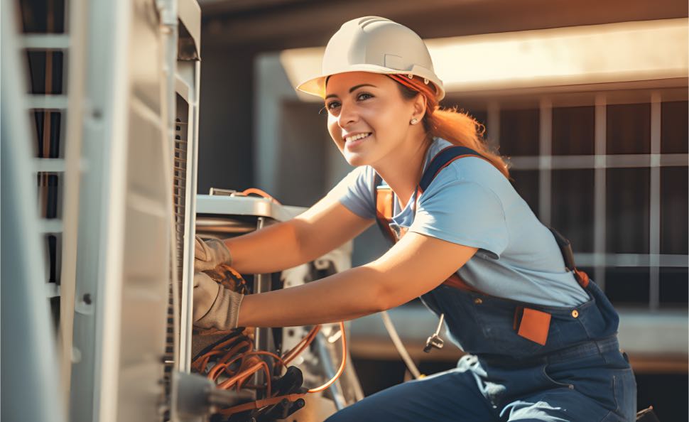 Young female mechanic engineer repairing air conditioner outdoors
