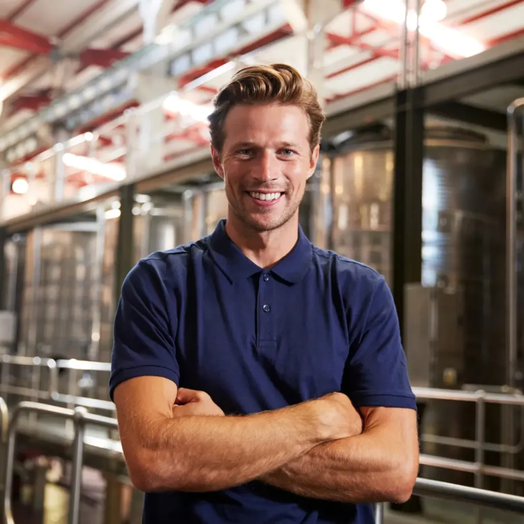 A man standing in front of a refrigerant unit, smiling with his arms crossed.