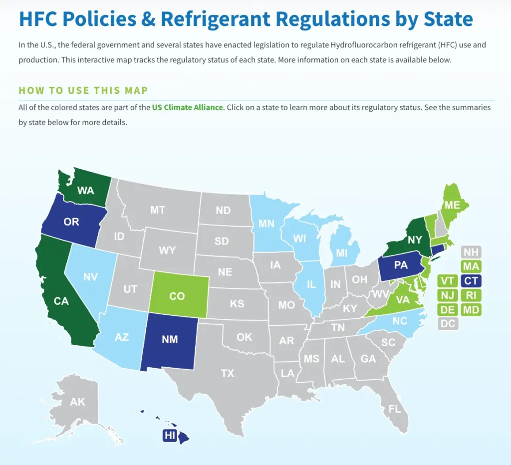 Map of the United States showing HFC policies and refrigerant regulations by state with states color-coded to indicate regulatory activity as part of the US Climate Alliance showing highlighted states including California Washington New York Colorado and others