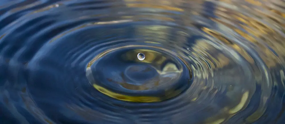 A single droplet of water hitting a calm water surface creating concentric ripples that expand outward symbolizing an expansive effect with potentially negative consequences