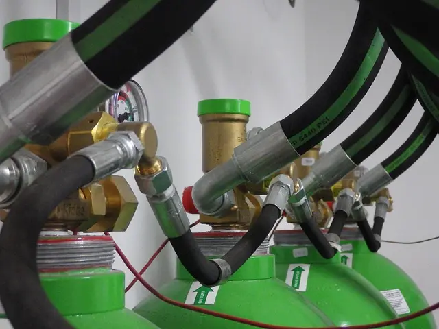 Close-up of a row of green Gas cylinders with attached black hoses and brass valves