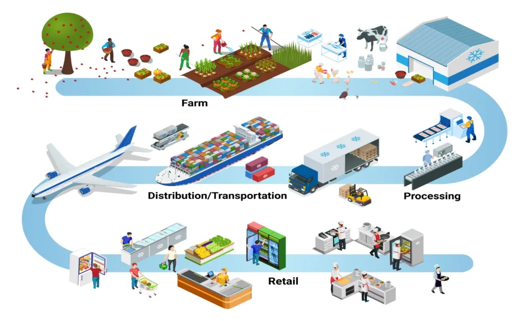 The image illustrates the cold chain supply process from farm to consumer. It shows food harvested or produced on farms, transported via air, sea, and land under controlled temperatures, processed in facilities, and finally distributed to retail locations where customers purchase the products. Each stage—Farm, Processing, Distribution/Transportation, and Retail—is represented with detailed visuals of activities like harvesting, packaging, shipping, and food preparation.