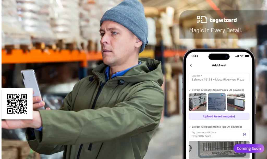 Man using his mobile phone to tag assets with the application Tag Wizard and detect refrigerant leaks