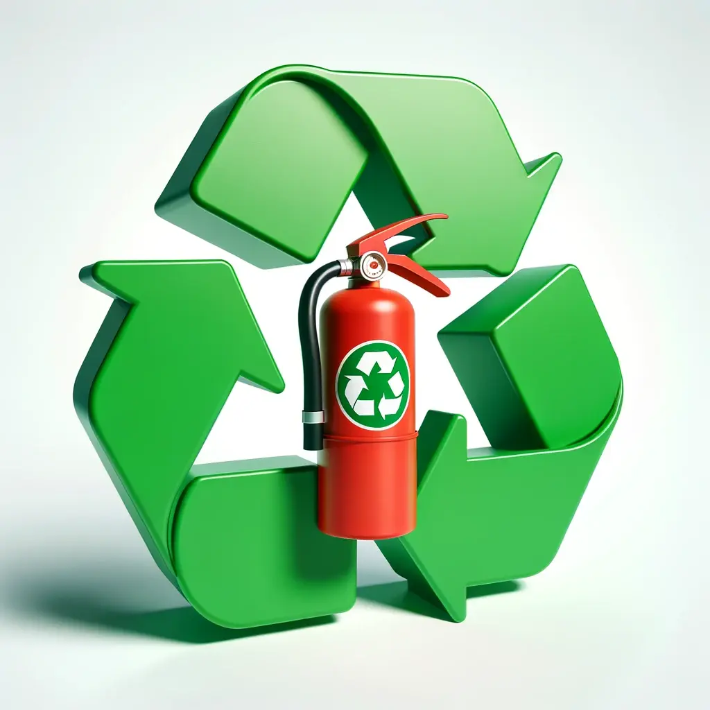 Red fire extinguisher with a recycling symbol in front of a large green 3D recycling icon symbolizing eco-friendly