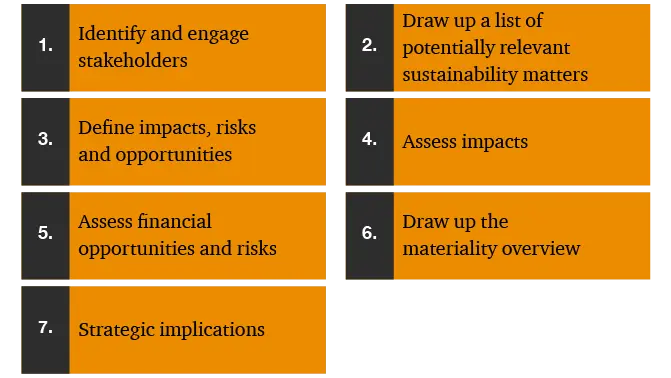 A diagram showing the seven steps of a double materiality assessment arranged in two alternating vertical columns. The steps include identifying and engaging stakeholders, listing relevant sustainability matters, defining impacts, risks and opportunities, assessing impacts, assessing financial opportunities and risks, drafting the materiality overview, and considering strategic implications.