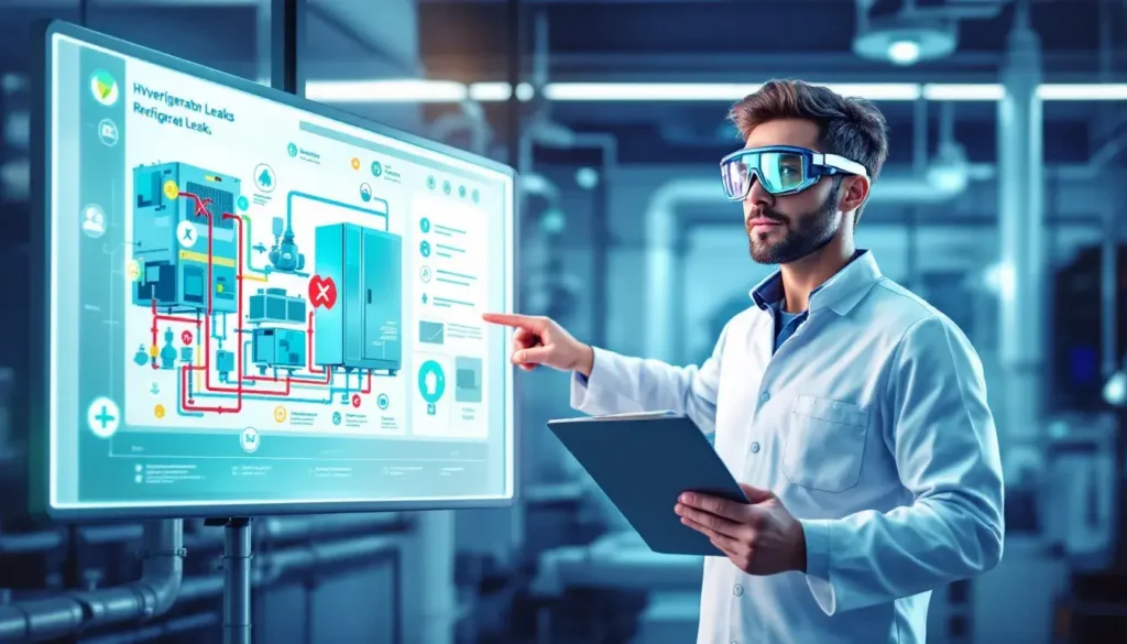 AI illustration of a man looking at a graph representing the Importance of Detecting Refrigerant Leaks