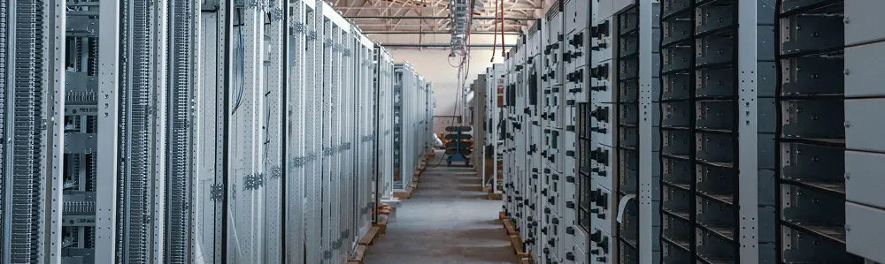 Inside a data center with rows of server racks
