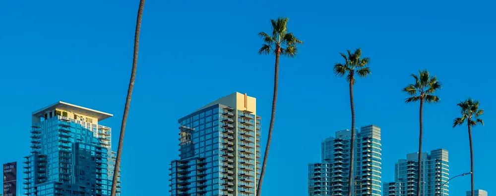 Modern buildings with palm trees in California under a clear blue sky