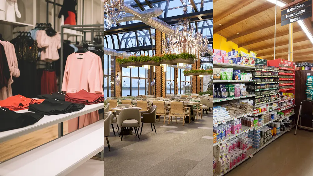 Three commercial environments side by side: on the left, a clothing store with shirts and jackets on display; in the center, an elegant restaurant interior with chandeliers and large windows; on the right, a supermarket aisle stocked with food products and spices