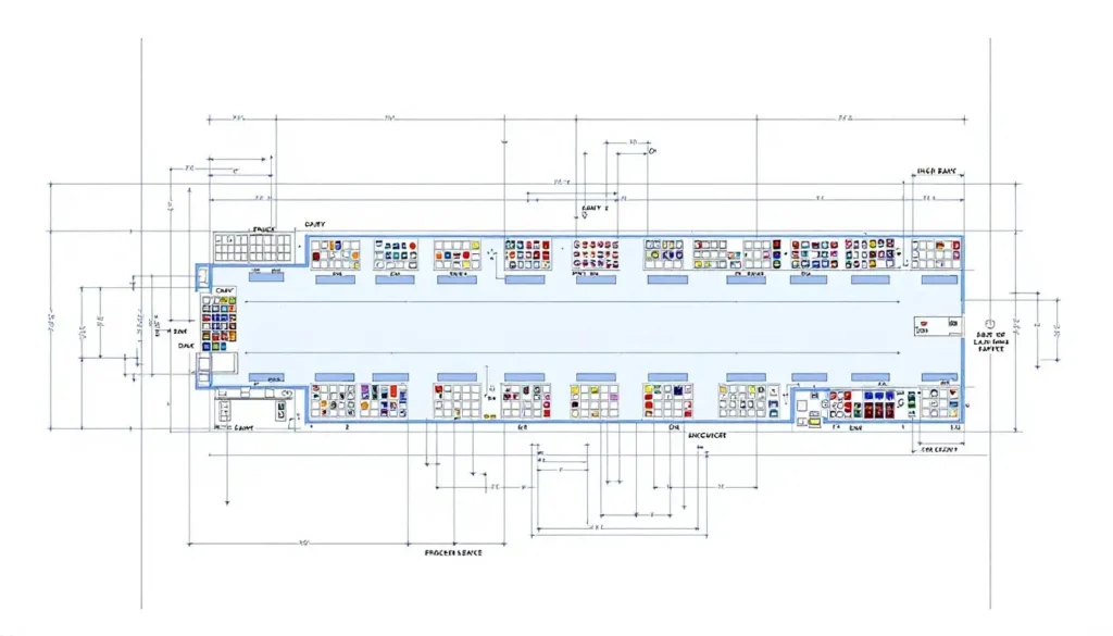 Top-down supermarket floor plan with aisles, refrigerated cases, and dimensions labeled